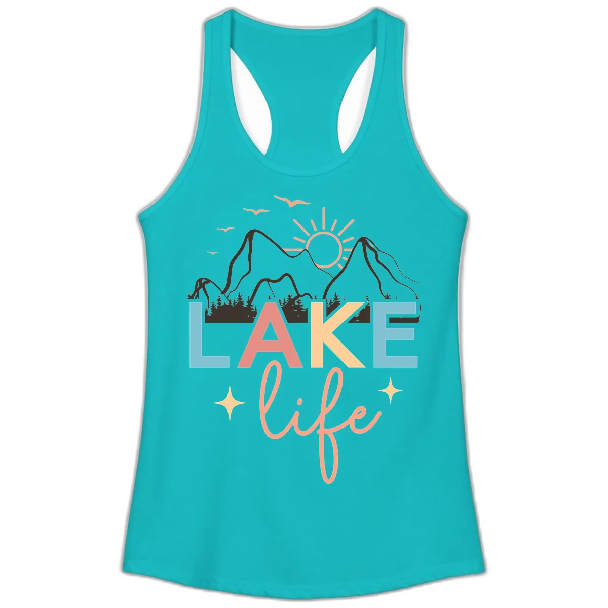 Mountain Lake Life Typography Ladies Tank in Tahiti Blue